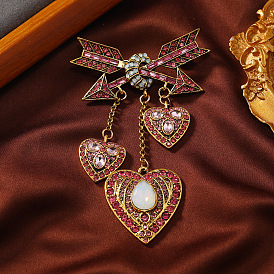 Zinc Alloy Brooch with Cubic Zirconia, Heart with Arrow