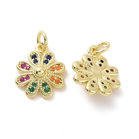 Brass Micro Pave Colorful Cubic Zirconia Charms, with Jump Ring, Flower