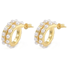 Brass & ABS Imitation Pearl Stud Earrings, Real 18K Gold Plated