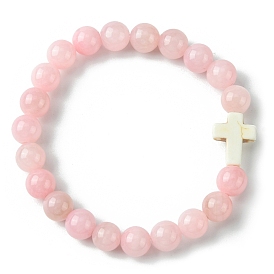 8mm Round Dyed Natural Malaysia Jade Beaded Stretch Bracelets, Synthetic Turquoise Cross Bracelets for Women