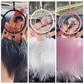 Telaraña con adornos colgantes de plumas, Árbol de la vida de cristal para decoraciones colgantes de espejo de coche interior