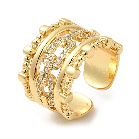 Rack Plating Real 18K Gold Plated Brass Hollow Oval Open Cuff Rings, with Cubic Zirconia, Long-Lasting Plated, Lead Free & Cadmium Free