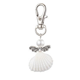Angel Spiral Shell Pendant Decooration, Glass Pearl Round Bead & Alloy Swivel Lobster Claw Clasps Charms for Bag Ornaments