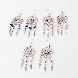 Alloy Glass Pearl Dangle Earrings, Woven Net/Web with Feather, with Brass Earring Hooks, 85mm, pin: 0.8mm