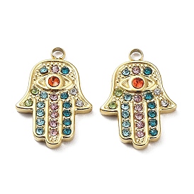Ion Plating(IP) 304 Stainless Steel Pendants, with Colorful Rhinestone, Hamsa Hand with Eye Charm