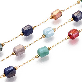 304 кабельные цепи из нержавеющей стали, с колонными стеклянными бусинами, ионное покрытие (ip), реальный 18 k позолоченный, пайки, с катушкой