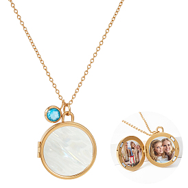 Нержавеющая сталь pave натуральный белый ракушка плоский круглый магнитный медальон кулон ожерелья для женщин, с круглыми подвесками из кубического циркония