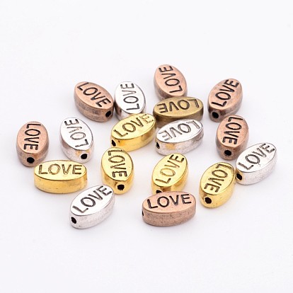 Mens Valentines Day Gift Idea Tibetan Style Alloy Beads, Cadmium Free & Lead Free, Oval with Word Love, 10x6x4mm, Hole: 1mm