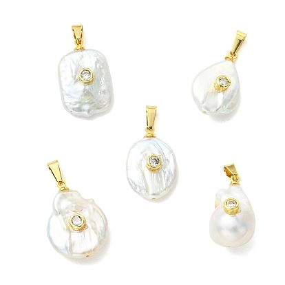 Natural Baroque Keshi Pearl Pendants, Geometric Charms with Rack Plating Brass Micro Pave Cubic Zirconia Findings, White, Mixed Shapes