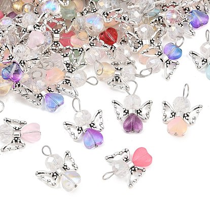 Градиент цвета краска для выпечки прозрачные стеклянные подвески, подвески в форме сердца ангела, с крыльями из сплава и 304 петлей из нержавеющей стали с плоскими головками