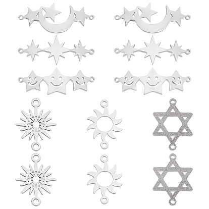 12Pcs 6 Style 304 Stainless Steel Link Connectors, Laser Cut, Star & Hexagram & Sun