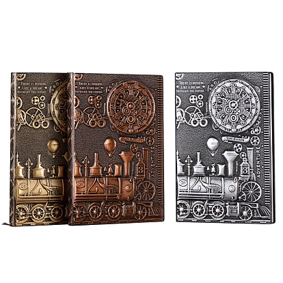 3D Embossed PU Leather Notebook, for School Office Supplies, A5 Steam Train Pattern European Style Journal