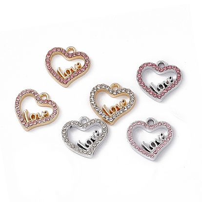 Alloy Rhinestone Pendants, Heart with Word Love Charm