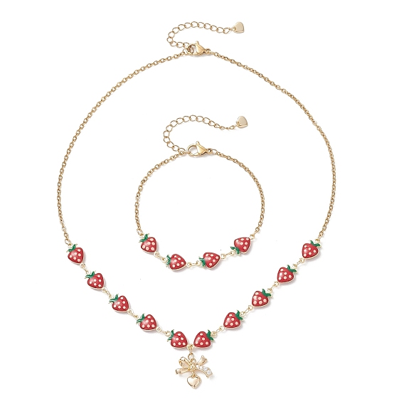 304 браслеты и ожерелья из нержавеющей стали и латуни с эмалированными звеньями в виде клубники, с 201 подвесками-бантиками в форме сердца из нержавеющей стали