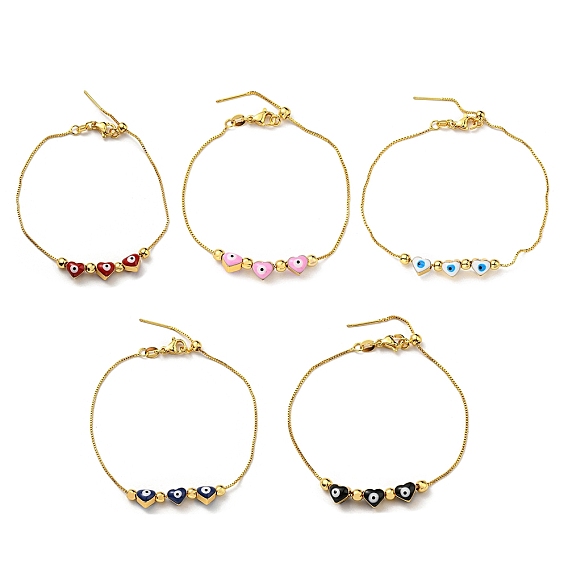 Браслет-слайдер с эмалью в форме сердца со сглазом и цепочками-коробочками, латунный браслет с покрытием стойки