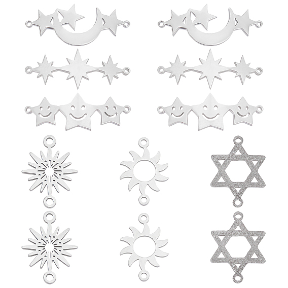 12Pcs 6 Style 304 Stainless Steel Link Connectors, Laser Cut, Star & Hexagram & Sun