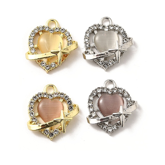 Подвески из сплава , Сердце звездочкой, со стразами и кошачьим глазом, стойки покрытие, без свинца, без кадмии и без никеля