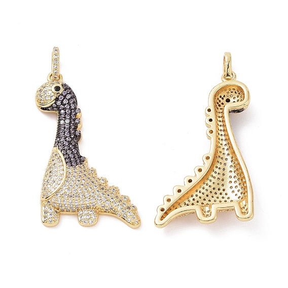 Brass Micro Pave Cubic Zirconia Pendants, Cadmium Free & Lead Free, Dinosaur Charms, Real 18K Gold Plated