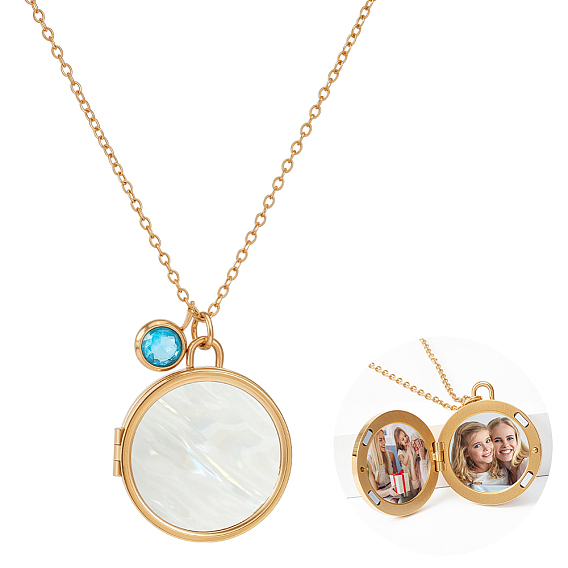 Нержавеющая сталь pave натуральный белый ракушка плоский круглый магнитный медальон кулон ожерелья для женщин, с круглыми подвесками из кубического циркония