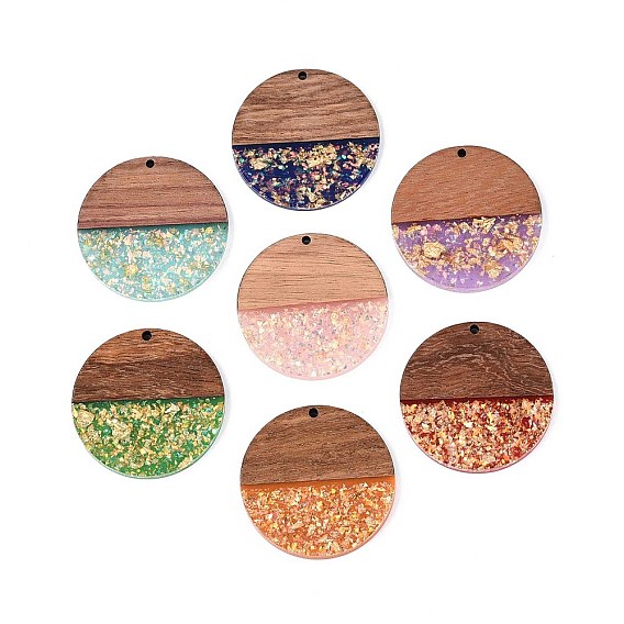 Подвески из непрозрачной смолы и орехового дерева, плоские круглые прелести, с блестящей пудрой и золотой фольгой