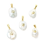 Natural Baroque Keshi Pearl Pendants, Geometric Charms with Rack Plating Brass Micro Pave Cubic Zirconia Findings, White, Mixed Shapes