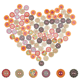 2-Hole Printed Wooden Buttons, Flat Round with Floral Pattern, Undyed
