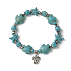 Starfish & Turtle Dyed Synthetic Turquoise Beaded Stretch Bracelets, Summer Alloy Charm Bracelets for Women