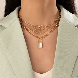 Geometric Triple Layered Circle Lock Necklace with Alloy Chains