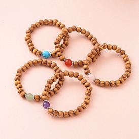 Round Wood Bead Stretch Bracelets, with Gemstone Beads and 304 Stainless Steel Findings, 53mm