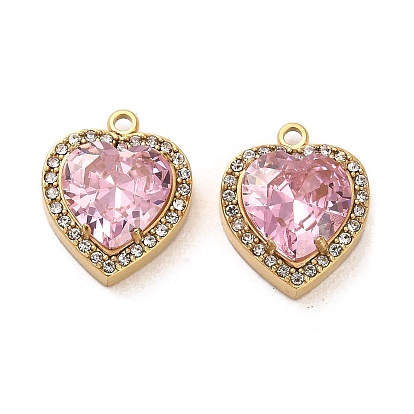 Real 14K Gold Plated 304 Stainless Steel Pendants, with Glass and Rhinestone, Heart Charms