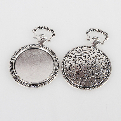 Vintage Tibetan Style Alloy Carved Floral Pattern Pendant Cabochon Bezel Settings, Cadmium Free & Lead Free, Flat Round Tray: 35mm, 64x45x3mm, Hole: 5x15mm, about 50pcs/kg