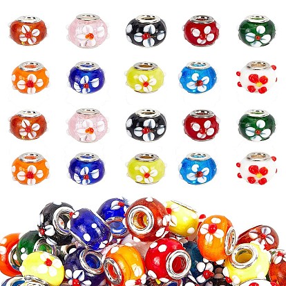 10 Colors Handmade Lampwork European Beads, Bumpy Lampwork, with Platinum Brass Double Cores, Large Hole Beads, Rondelle with Flower