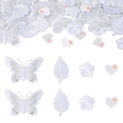 40Pcs 4 Styles Polyester Embroider Thread Iron on/Sew On Patches, Hot Melt Adhesive, Cloth Appliques, Butterfly & Heart & Leaf & Flower