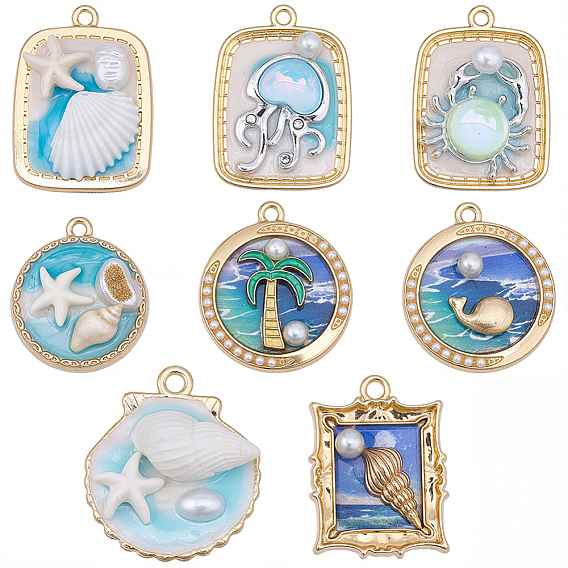 8 шт 8 стили подвески из сплава эмали, с имитацией жемчуга ABS и стеклом, стойки покрытие