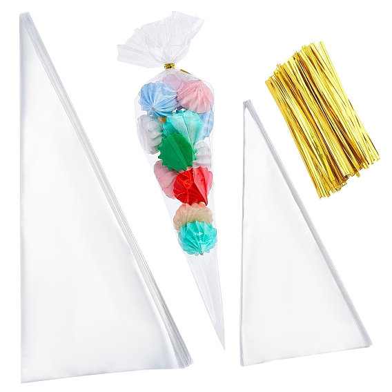 Opp Plastic Triangle Packaging Bags, with Goledn Tone Wire Twist Ties, for  DIY Wedding Birthday Party Storage, Gift Bags