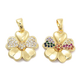 Rack Plating Brass Micro Pave Cubic Zirconia Pendants, Long-Lasting Plated, Lead Free & Cadmium Free, Flower