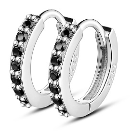 SHEGRACE 925 Sterling Silver Hoop Earrings, with Black Cubic Zirconia, with S925 Stamp