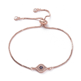 Adjustable Brass Slider Bracelets, Bolo Bracelets, with Box Chains, Brass Micro Pave Cubic Zirconia Links and Cardboard Packing Box, Eye
