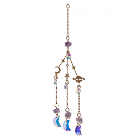 Glass Moon Planet Hanging Suncatcher Pendant Decoration, Natural Amethyst Crystal Ceiling Chandelier Ball Prism Pendants, with Brass & Iron Findings