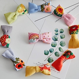 Flower/Leaf/Fox Pattern Bowknot Hair Clip Embroidery Beginner Kits, including Embroidery Fabric & Thread, Needle, Embroidery Hoop, Instruction, Elastic Band
