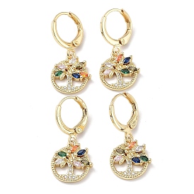 Real 18K Gold Plated Brass Dangle Leverback Earrings, with Cubic Zirconia and Glass, Tree of Life