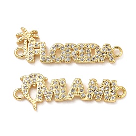 Beach Theme Rack Plating Brass Micro Pave Clear Cubic Zirconia Connector Charms, Word MIAMI/FLORIDA Links, Long-Lasting Plated, Cadmium Free & Lead Free, Real 18K Gold Plated