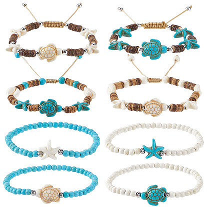 Шт. браслеты из кокосовых бусин, Комплекты регулируемых браслетов из искусственной бирюзы с морскими звездами и черепахами для женщин