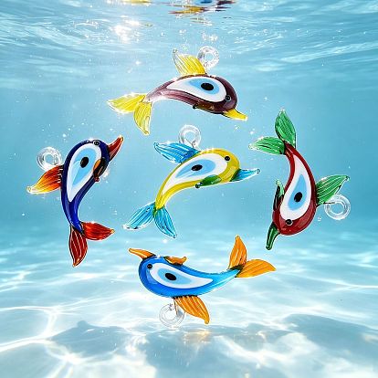 Handmade Lampwork Pendants, Dolphin with Evil Eye Pattern Charms