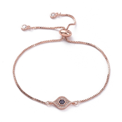 Adjustable Brass Slider Bracelets, Bolo Bracelets, with Box Chains, Brass Micro Pave Cubic Zirconia Links and Cardboard Packing Box, Eye