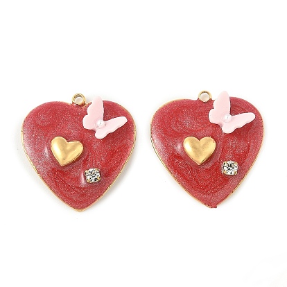 304 подвески из нержавеющей стали, сердце с бабочкой, с эмалью, Горный хрусталь и смола