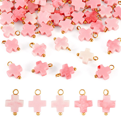 42шт. подвески-крестики из окрашенного синтетического коралла, с медными петлями, розовые