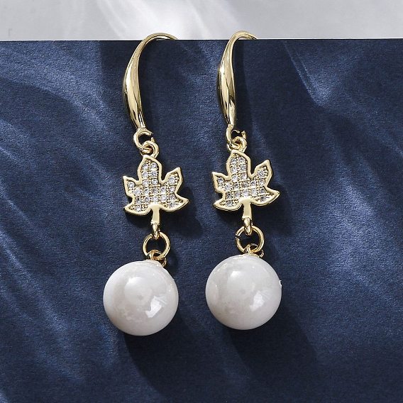 Серьги-подвески из латуни с прозрачным кубическим цирконием и прозрачным паве, с ABS имитации жемчуга, стойки покрытие, долговечный, без свинца и без кадмия, лист с круглым