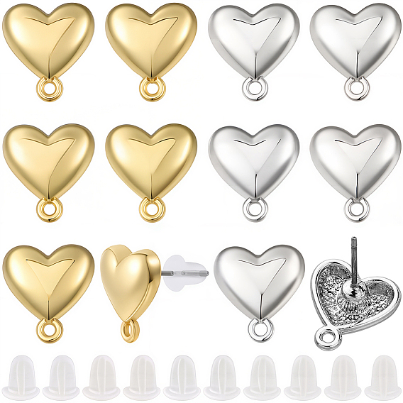 20 шт. Детали серьги-гвоздики из сплава, с горизонтальными петлями и 304 штифтами из нержавеющей стали, сердце, без кадмия, без никеля и без свинца, 30 гайки ушные пластиковые