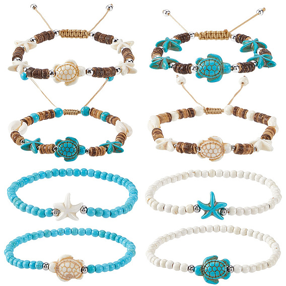 Шт. браслеты из кокосовых бусин, Комплекты регулируемых браслетов из искусственной бирюзы с морскими звездами и черепахами для женщин